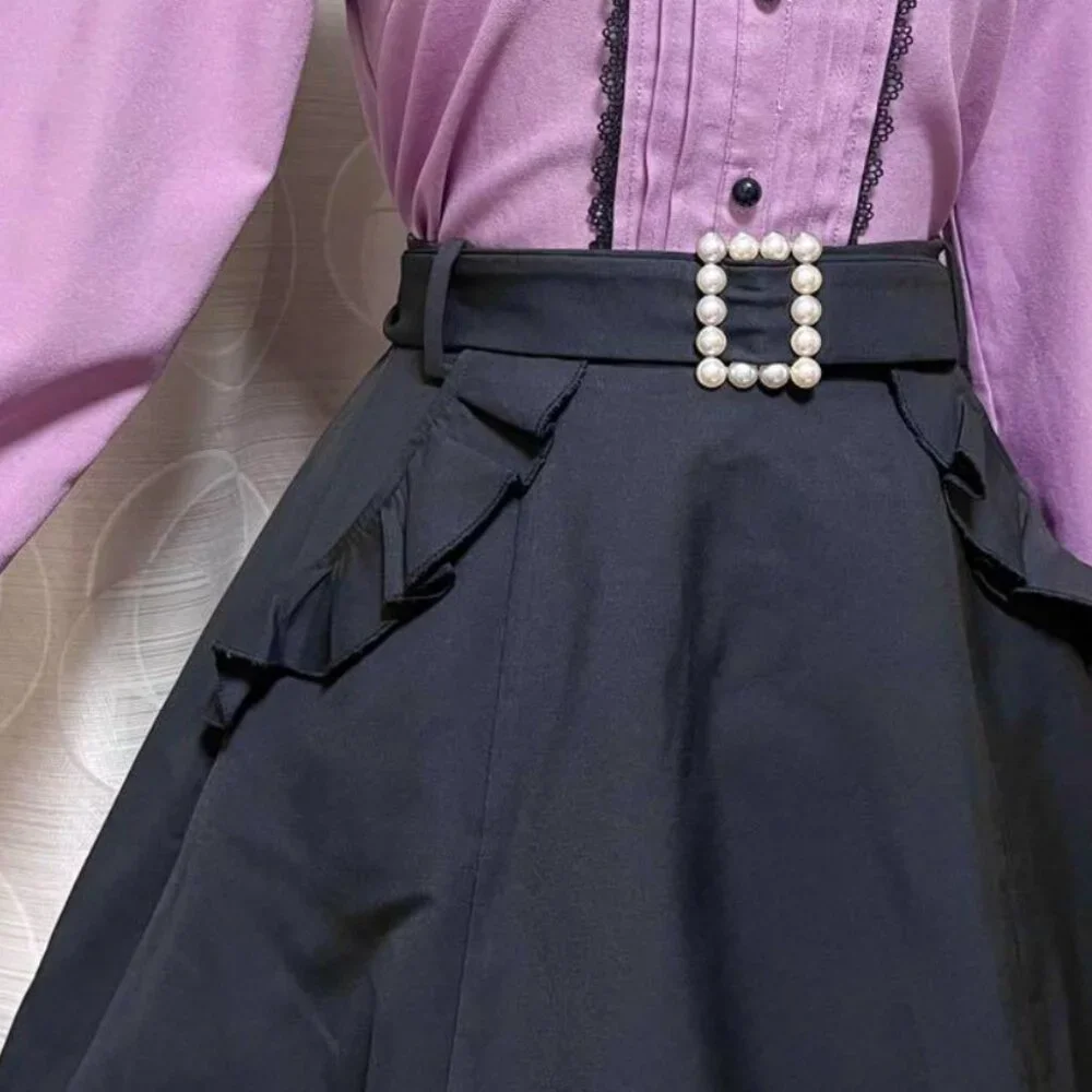 Ank Rouge Pearl Buckle Ruffle Pocket A-Line Skirt - Picture 2 of 5